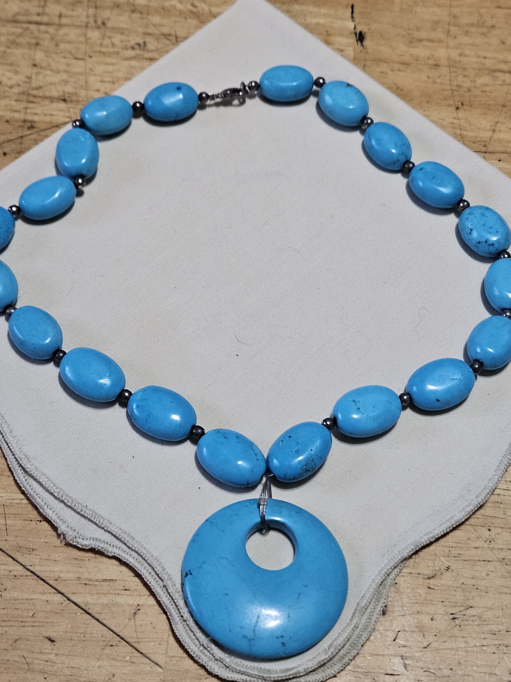 Turquoise Blue Stone Beaded Donut Pendant Necklace